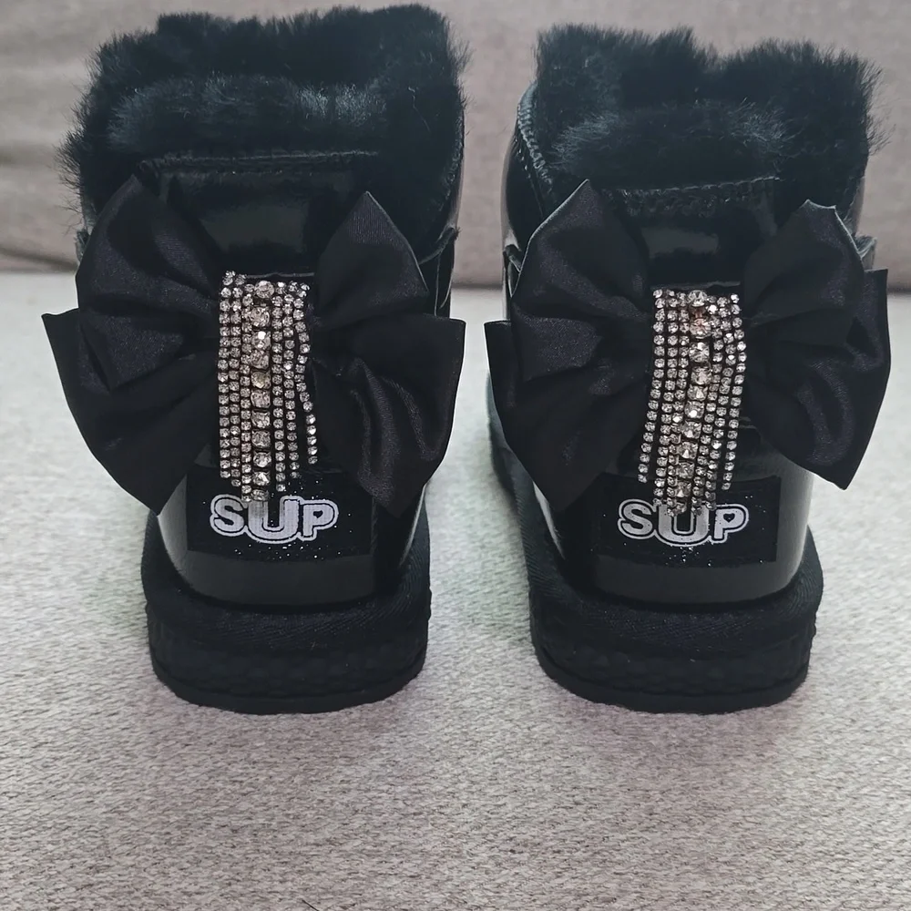 Metallic Black Faux Fur Rhinestone Tassel Bow Boots